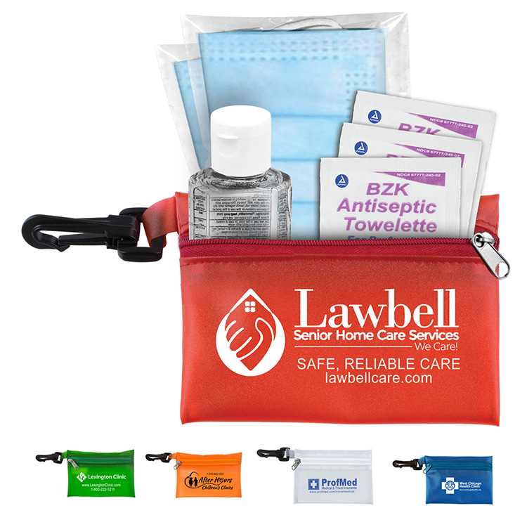 "Everything Essential" Mask & Sanitizing Protection Pack in Translucent Zipper Pouch With Plastic Hook Attachment